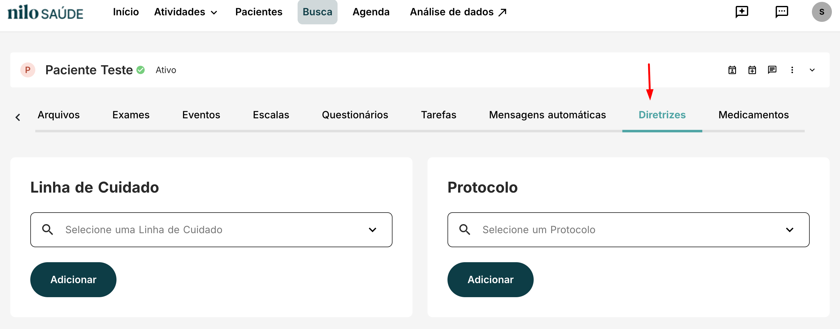 Tela de Diretrizes no Nilo Care, com distinção entre Linha de Cuidado e Protocolo.