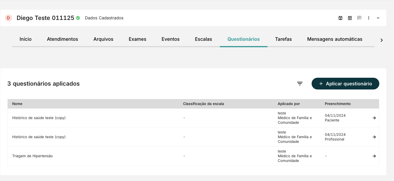 Tela com lista de questionarios aplicados