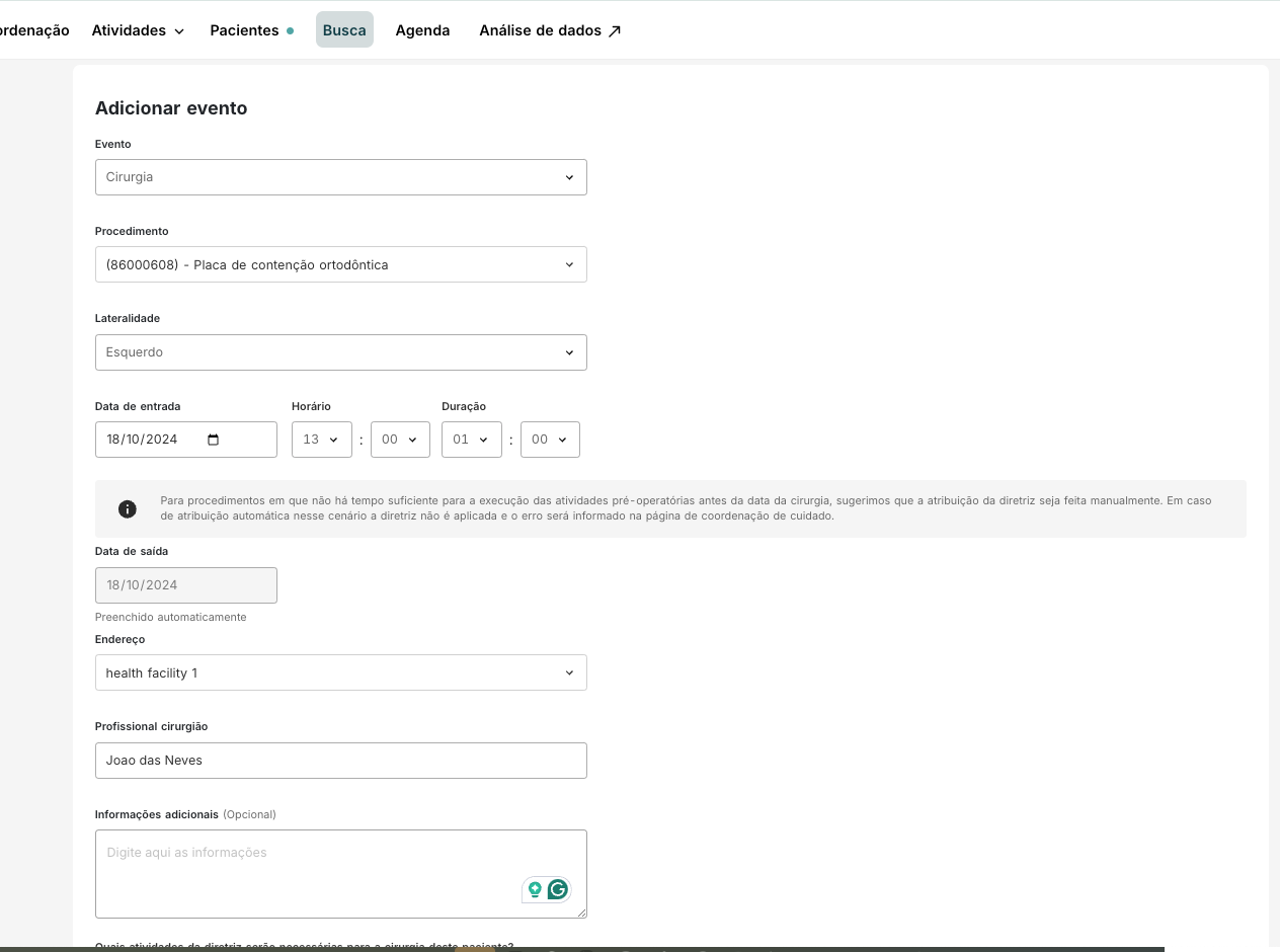 Tela para registro de hospitalização