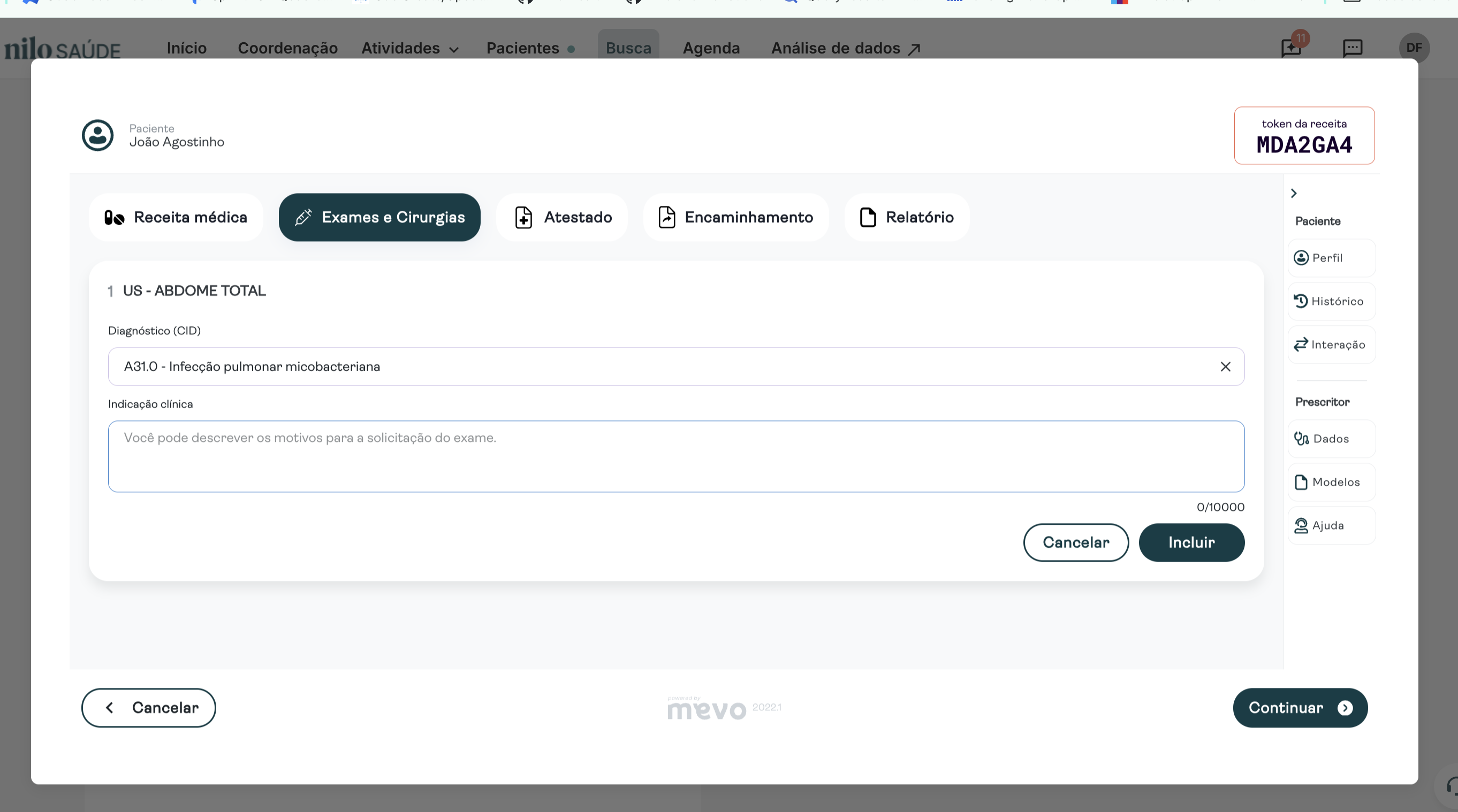 Tela para registro de solicitação de exame