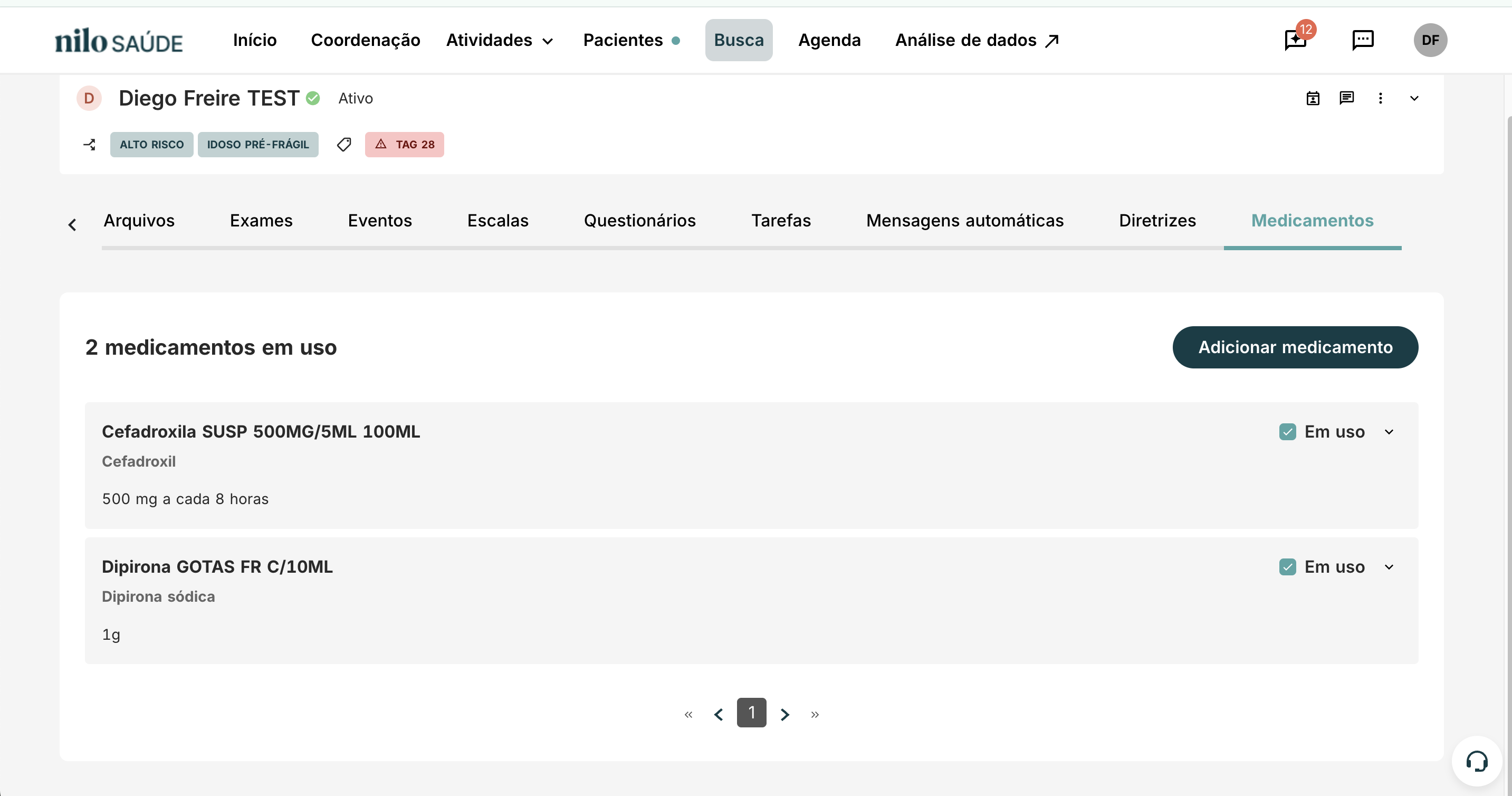 Tela de visualização da lista de medicamentos