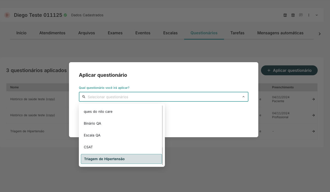 Tela com select de questionário