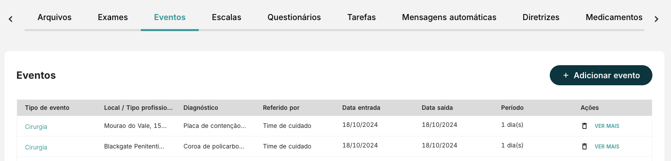 Tela de lista de eventos