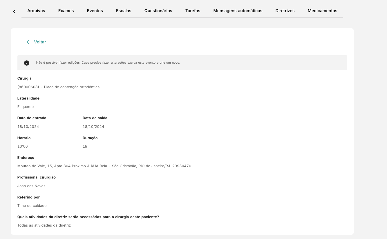 Tela de detalhe do procedimento
