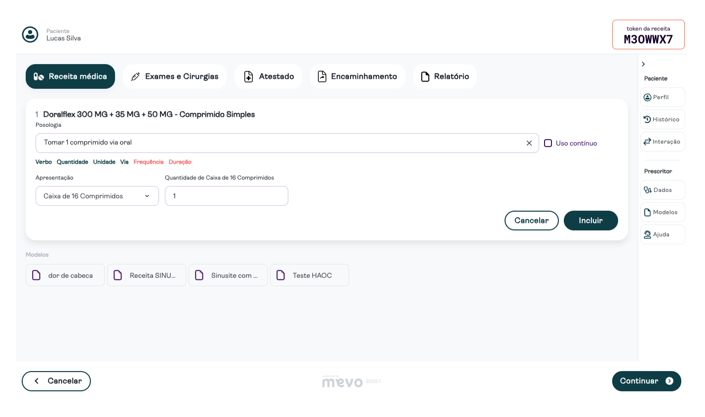 Tela de registro de prescrição
